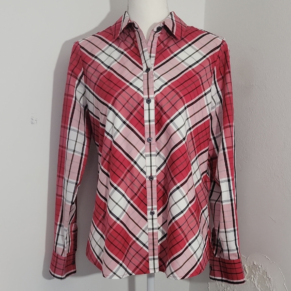 Foxcroft Women's Wrinkle Free Red, White, Black, Green Plaid Button Down Shirt
